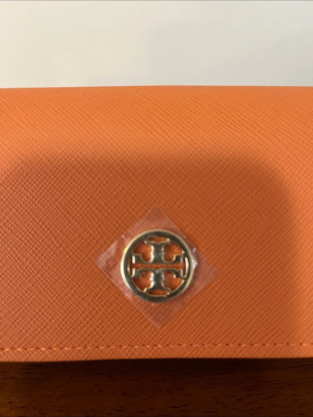 Tory Burch Bright Orange Saffiano Continental Glasses Case with Logo